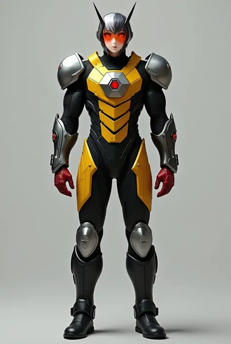  solid black body suit with a simple silver front plate  ,The second "layer" of his armor ,  foot protection with silver edges ,  the shins and thighs now had a silver outer design under the yellow armor ,  silver outer protection on the yellow chest prote...