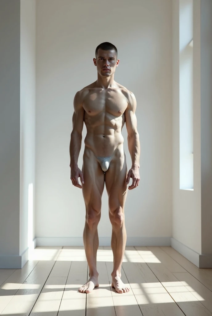 A naked men with no clothes standing in a room full frontal with his penis erected