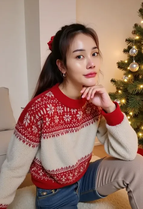 A Korean woman with smooth, radiant skin poses like a professional model in a bright and quiet atmosphere. She wears a red and white Christmas sweater, reflecting a relaxed atmosphere. The soft moonlight shines down on her gently, casting a warm golden glo...