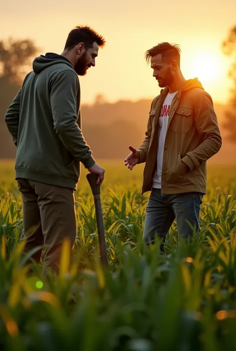 # Define the prompt for image generation
prompt = "Messi and Neymar farming together, with Messi holding a shovel and Neymar planting crops in a lush green field, both wearing casual farming clothes. The sun is setting in the background, casting a warm glo...