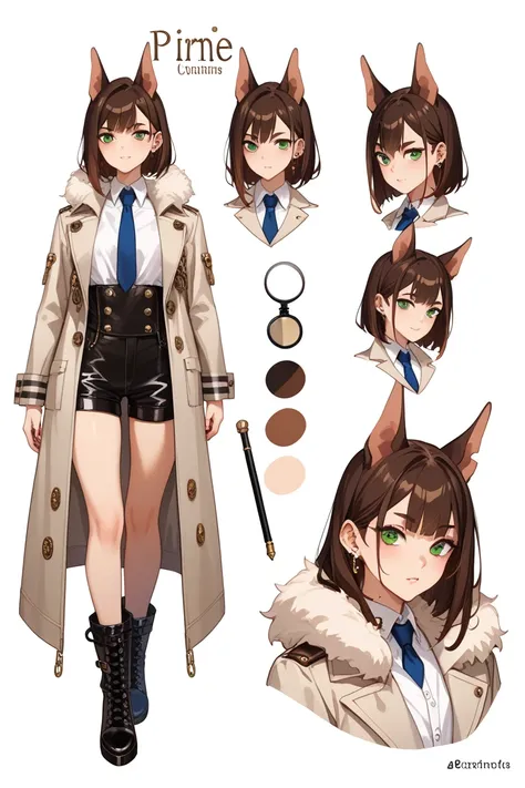 full body, femboy, fully clothed, An illustration, (masterpiece、最high quality、high quality), pure white background, Character design, Character sheet, dobermann ears, fluffy tail. A tailored, double-breasted trench coat in muted brown or beige tones. The c...