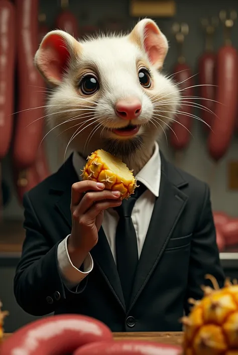 Weasel-headed man, white shirt, black suit, silly expression, bearded, black tie, eating pineapple, sausage shop background  