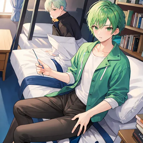 Man with green hair(Short Hair)Im sitting on the bed with my hand on my crotch