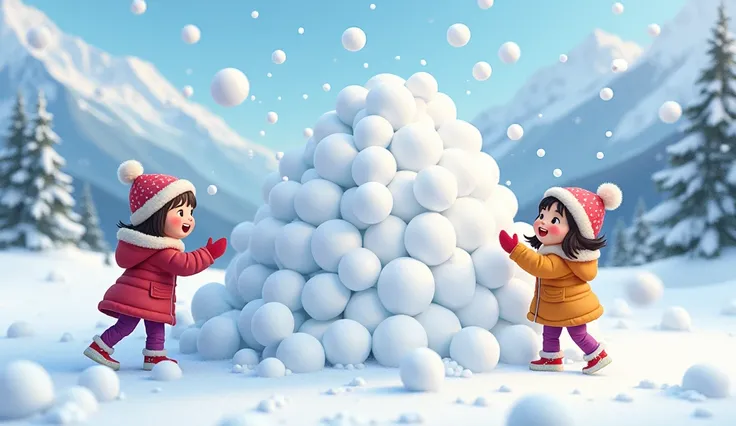 Three girls throwing snowballs with a mountain of snowballs 