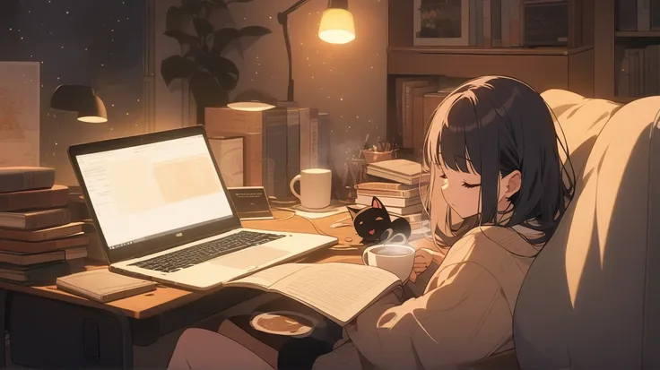 Black cat sleeping next to a laptop, warm desk lamp light, coffee cup steam, midnight study session, lofi beats atmosphere, vintage books, fairy lights, cozy room