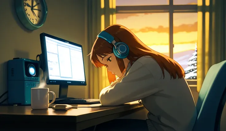 Girl sitting at a desk in lo-fi style and studying at the computer facing the window, snow, morning clock, looking at the computer, mug of coffee next to the computer, girl in warm clothes in the cold season, cute nearby Studying with cats, relaxing enviro...