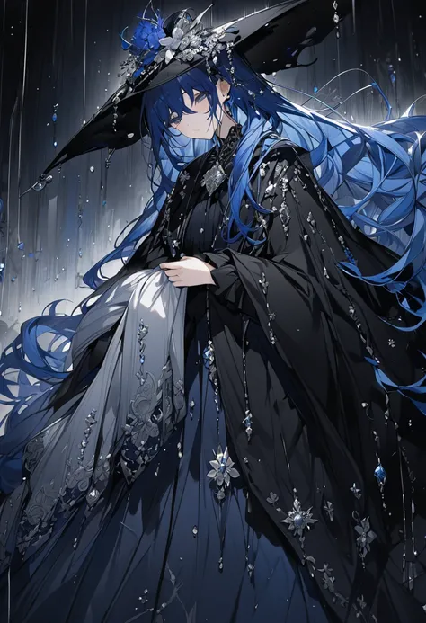 The Rain Witch、 blue hair、 Long Skirts、Black Robe、leisurely、Silver decoration、Im hiding my face with a hat