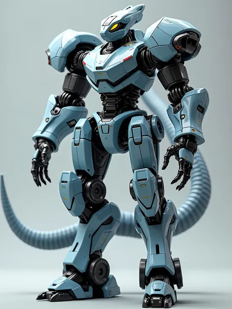 C4D Modeling，UE5 Rendering，Mecha style，A snake-headed mecha， fine internal parts， anthropomorphic structure ，Clear case ，Mechanization，black，Light Blue，grey，Colorblock coating ，Full of details， realistic lighting ，Ray tracing effect， cyberpunk，Wide-angle l...