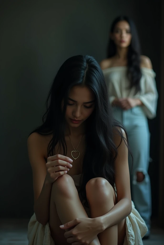  a beautiful woman , long black hair,  with an Indonesian face who looks smitten with a moody expression ,  sitting on the floor with her head down and hugging her knees while holding a small heart-shaped pendant in her hand. in the background,  there is a...