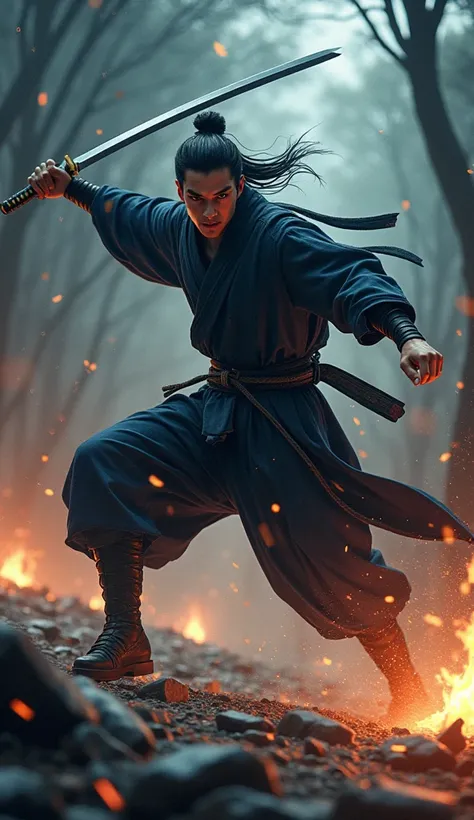 Capture the moment of Hattori Hanzō mid-combat, showcasing his unparalleled skill in guerrilla warfare. The setting is a nighttime skirmish in a rocky forest clearing, illuminated by the flickering light of scattered torches. Hanzō moves like a shadow, lea...