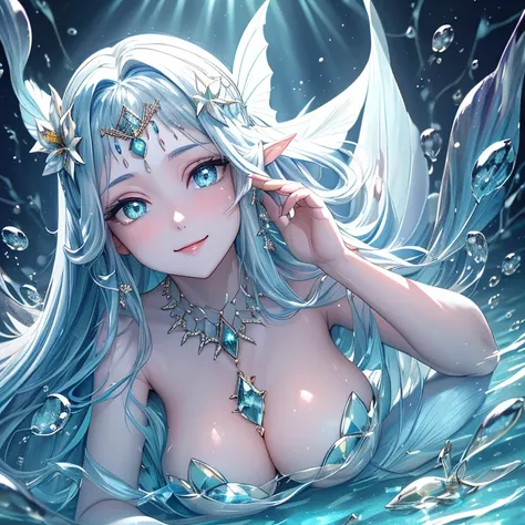 Deep sea, which, bubbles, alexandrite eyes and hair, shell decoration, gemstone necklace, shell, fish scale white dress, (dynamic lighting: 1.2), light, beautiful, beautiful eyes, sharp pupils, boundary depth is written bokeh, clear focus, (very detailed, ...