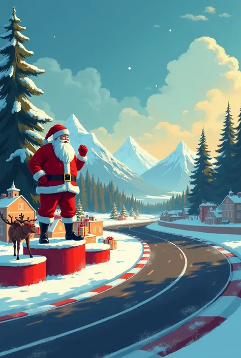 I want to generate a Christmas postcard of a landscape on a racing circuit where Santa Claus is on one side at the top of a podium surrounded by gifts and with his reindeer below, with space on one side to later add the image of a car 