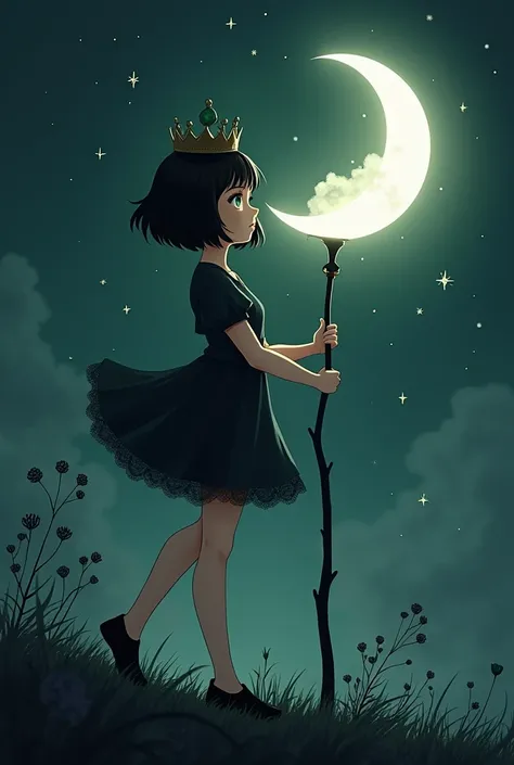 A girl with short black hair and green eyes wears a short black dress and black shoes. On her head is a crown in the symbol of the moon and a black stick with a white moon sitting on Ashif in the middle of the night and there is a light green ray and black...