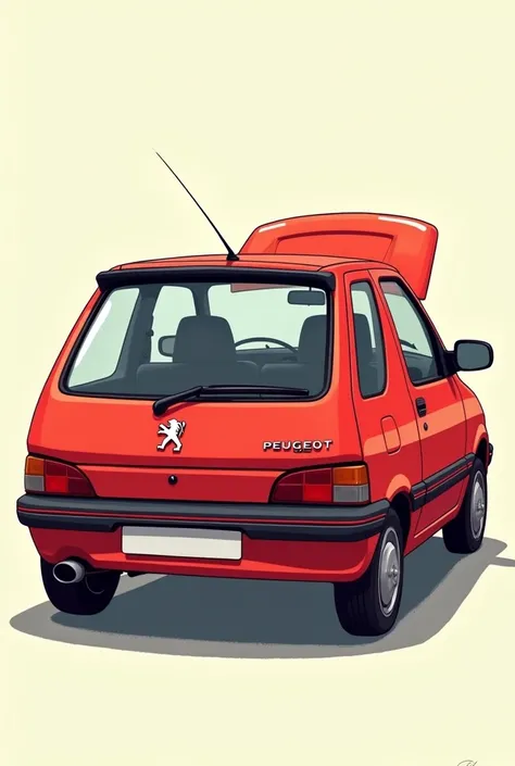 Red Peugeot 106 cartoon logo seen on the back with open luggage compartment