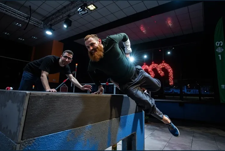 Create an image of the person attached, the parkour athlete, performing an epic move in a festive setting. He’s dressed in a red and green parkour outfit, with a Santa hat playfully perched on his head. His posture is dynamic, mid-jump over a snow-covered ...