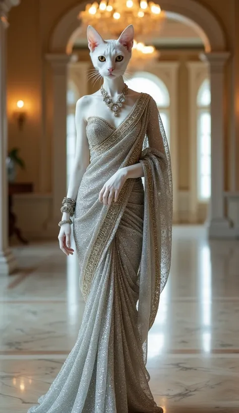 A slim, upright-walking white female cat is dressed in a heavily sequined silver saree with a matching blouse and diamond jewelry. She poses beside a grand chandelier in an opulent ballroom with polished marble floors.
