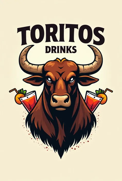 Create a logo for a bar that says “toritos drinks” with bull horns and two micheladas on the back of the bull