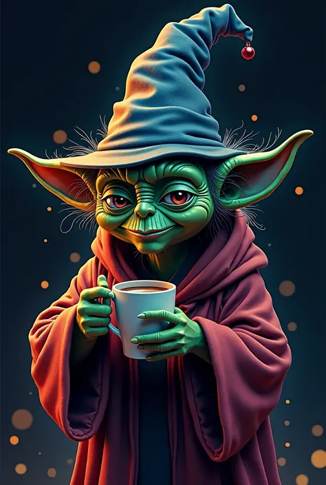 Generate a christmas style kawaii pussy, multicolor, polychromatic, abstract of a drinking coffee Yoda&#39;s side silhouette on a dark background, with his happy crazy monrning face caricatuur.  with a wizard pointy hat. Christmas card style 
Alchemy myste...