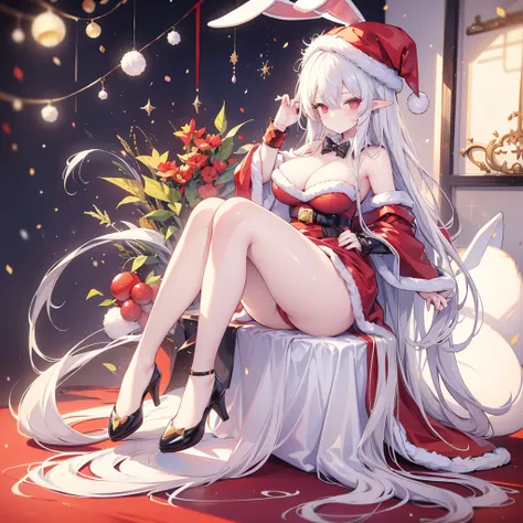 Hand Repair,masterpiece,(((( One girl )))), beautiful girl, indoor background,((((full body shot,very wide shot, wearing a Santa Claus hat,Rabbit Ears,Im hiding my ears with my hair)))),Perfect white hair, long hair, (( rainbow heterochromia, Golden Eye Ri...