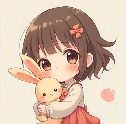 Anime Chibi Cute Pink Girl With Sweet Eyes Holding Bunny Doll