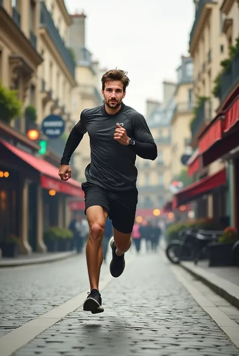 Une photo de lhomme de limage (même visage et cheveux) en train de courir dans paris en tenue de running.