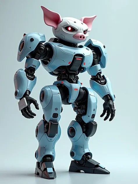 C4D Modeling，UE5 Rendering，Mecha style，A pig-headed mecha ， fine internal parts， anthropomorphic structure ，Clear case ，Mechanization，black，White，Sky blue，Colorblock coating ，Full of details， realistic lighting ，Ray tracing effect， cyberpunk，Wide-angle len...