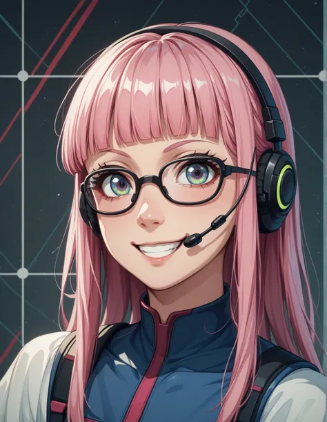  top quality , masterpiece,  extremely detailed,   detailed background,  One girl ,  young girl,  Pink Hair、 long hair、blunt bangs、 pop art 、XBOX HEADSET、 Black Eyewear、smile、Show your teeth、 cyberpunk