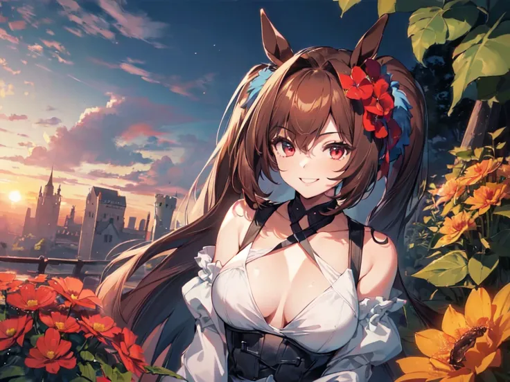 (Solo:2), (1 female:2), (Short fingers, short arms, short legs), (Horse ears), (Pigtails), (White breast bag and overall blue outfit), (Emphasis on chest), (Arms crossed), (Smiling, looking at camera), (Castle), (Red flower garden), (Sunset), (Focus on che...