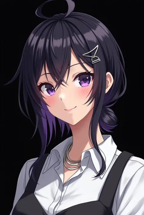 Masterpiece,1girl,solo, light smile, metal necklace, white shirt, modern school uniform, accessories, two-tone hair color in purple and black, unique hairstyle, stylish, black background