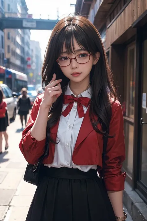 8k,  RAW photo,  top quality , masterpiece,  realistic ,  ( 1 ultimate beauty),( Please make sure there is only 1 person in the picture、Follow a strict structure),( wearing glasses ),(Red Hood, black skirt), very detailed face,street,standing