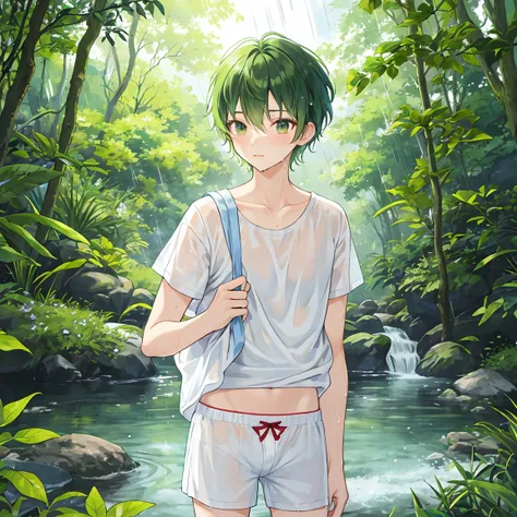 green-haired male student(Short Hair)Is wearing white boxer shorts in the woods and is wet in the heavy rain