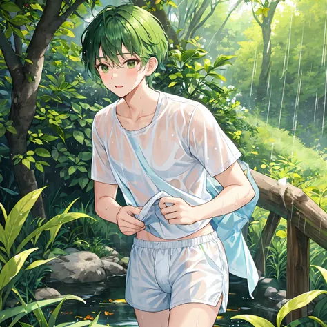 green-haired male student(Short Hair)Is wearing white boxer shorts in the woods and is wet in the heavy rain