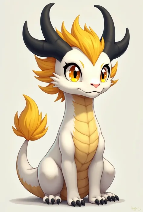 Furry slender anthropomorphic hairy dragon in white color with yellow locks, yellow eyes and black anime-like horns