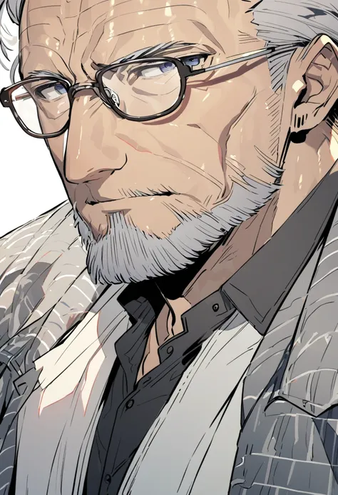 a closeup of an illustration of a man with grey hair and glasses and a button up coat, male focus, 1boy, solo, facial hair, glasses, old, white background, old man, shirt, black shirt, simple background