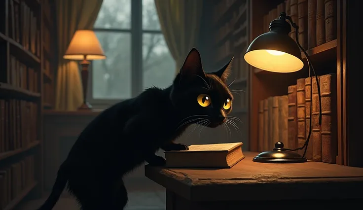 Black cat exploring old bookstore shelves, dusty books, reading lamp pools of light, dark wood furniture, evening shadows, vintage book covers
