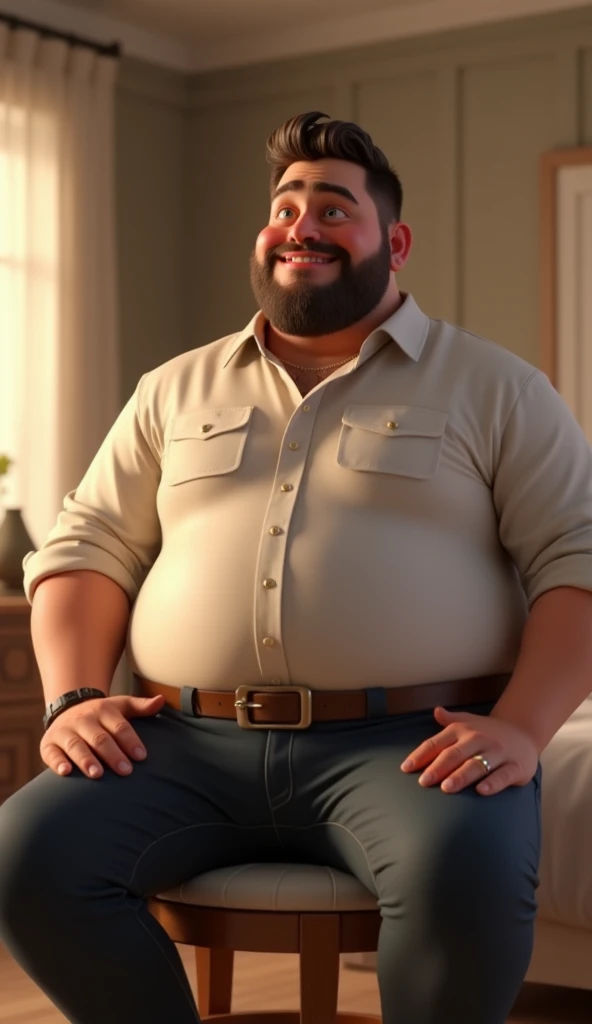 Close up a 25 years old fat man sitting on the bedroom 3d animation, wear attractive clothes pants shirts,good figure,