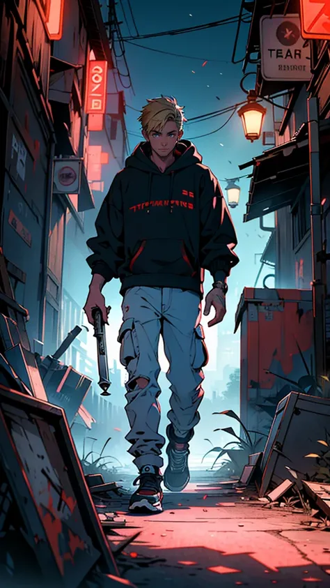 “A young male technician in his late 20s, with short blonde hair and wearing a simple hoodie and cargo pants. He carries a toolkit and a makeshift weapon, like a metal pipe or wrench, as he navigates the post-apocalyptic world. His face shows determination...