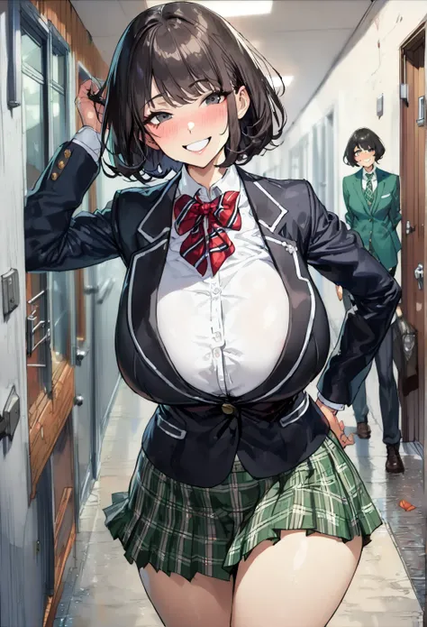 top quality, masterpiece,  high res, 8k,  anatomically correct human body, ((( 1 girl))), Alone, ( The Dark Basement ),  expressive dark black eyes , mature woman, (((Bob))), ((( black hair))),  Big Breasts High School Girl, ((( uniform with green plaid mi...