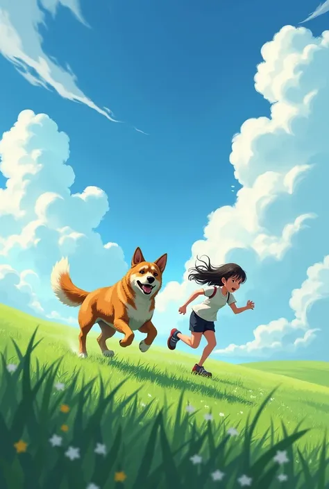 A high school girl running in a large meadow, clouds floating high above the blue sky and a large dog running from the side together