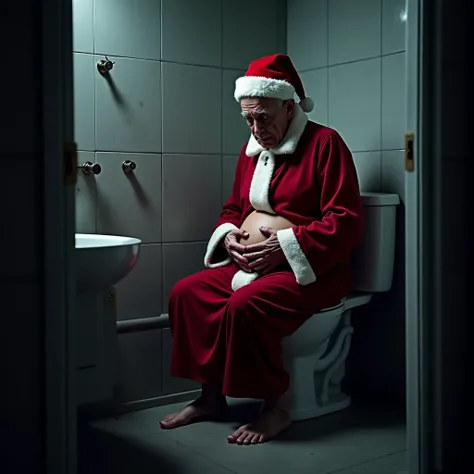  an old man in red clothes and a Christmas hat , He is sitting in the bathroom toilet ,  and has a sore face and his hands on his belly, it&#39;s night 