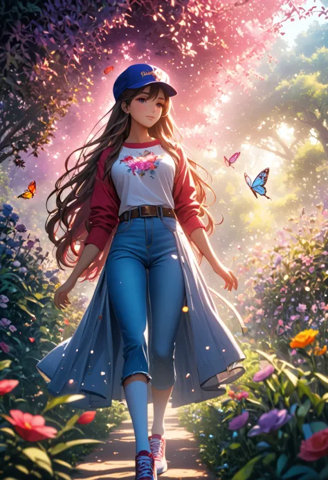 anime,  girl ,  Beautiful facial features, cap,  Long hair , mother, jeans, belt, times,  Light Makeup ,  perfect anatomy, white socks , Sneakers, bright colors,  purple-red ,  background Green grove , month, plants, flowers, abundance of butterflies ,  be...