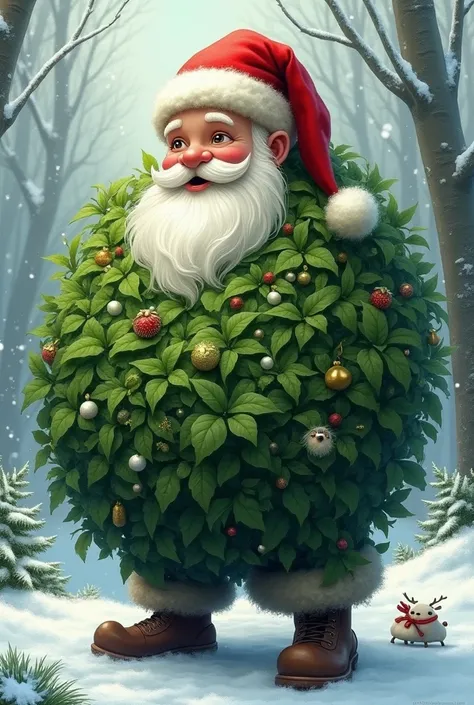 Santa Claus in the shape of a bush full of green leaves