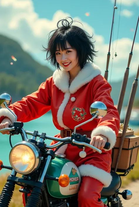   high res ,   Energetic Japanese Beauty   　smile,    black hair,  Messy shortcuts ,     Ride a Christmas-colored motorcycle loaded with fishing tackle　 Santa Claus Outfit Heading to the Reservoir 　    pop art   