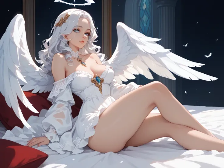 beautiful woman, sitting on bed, wearing loose off-shoulder royal dress ,long curly hair, white hair, hour glass body enourmest breasts and big hips,Fallen angel, 6 angel wings