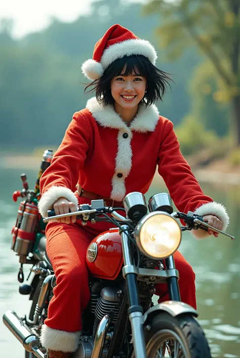   high res ,   Energetic Japanese Beauty   　smile,    black hair,  Messy shortcuts ,     Ride a Christmas-colored motorcycle loaded with fishing tackle　 Santa Claus Outfit Heading to the Reservoir 　    pop art   