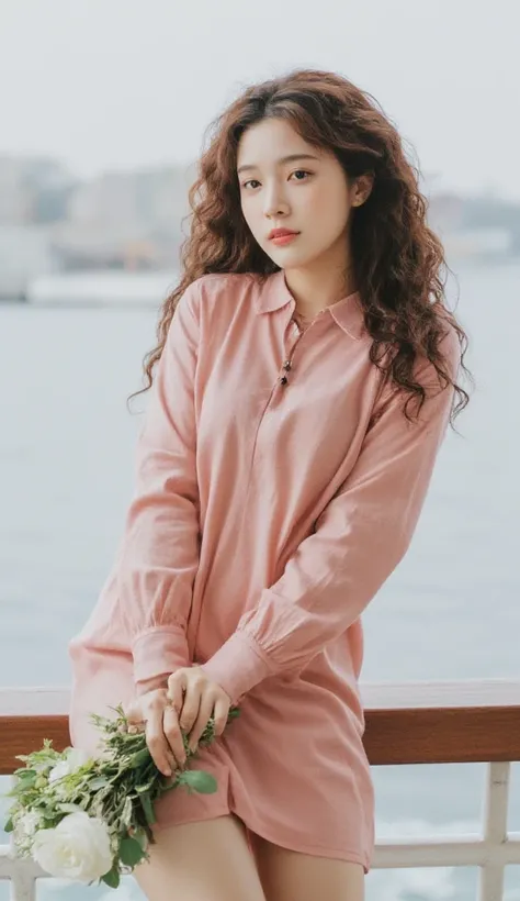 beautiful korean girl model, curly hair, dress
