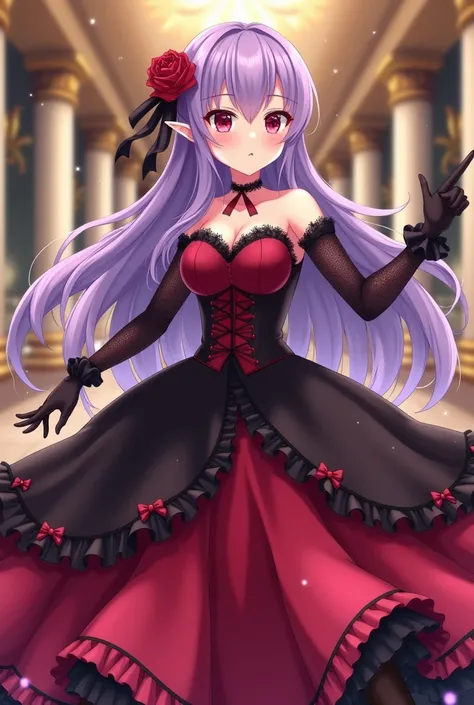 Very huge breasts, deep breast cleavage, round breast, elf, beutiful, calm face, A young anime girl with long purple hair and red eyes, wearing a crimson and black ball gown with ruffled edges. She has a single red rose in her hair and black lace gloves th...