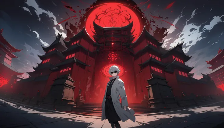 A massive Sharingan in the sky, replacing the blood-red circular moon, glowing with a blood-red aura, intricate black tomoe patterns and Mangekyou Sharingan design, highly detailed and sharp, illuminating the entire scene with mysterious red light. Japanes...