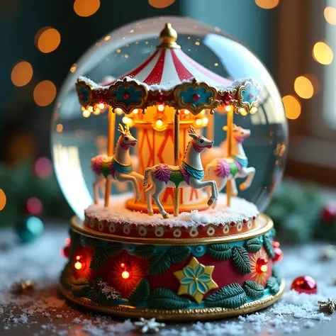 "A richly detailed and lively snow globe featuring a carousel with pastel-colored reindeer. The interior sparkles with glowing holiday lights, and the exterior of the globe reflects a busy, colorful festive setting. Surrounding the globe are scattered snow...