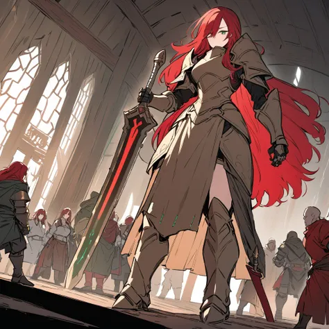  tall woman with heavy full armor bronze color,  red hair,  green eyes,  giant sword , in a tavern 